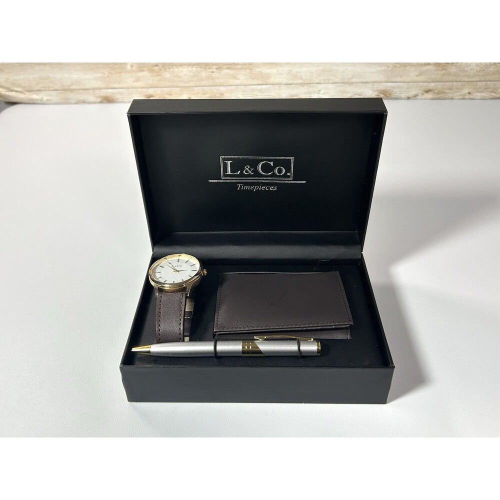 New L&CO Timepieces 3-piece Watch Pen and Wallet Gift Set Box